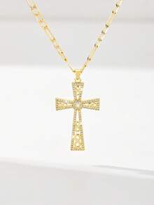 1pc Classic European Style Copper Inlaid Zirconia 8-Shaped Jesus Cross Pendant Necklace, Limited Edition "Light Of Protection", Suitable For Christmas, Thanksgiving, Halloween, Mother's Day, Valentine's Day, Friends, Church Members, First Holy Communion, Gift, Daily & Holiday Wear, Prayer - Yellow Gold - View 1