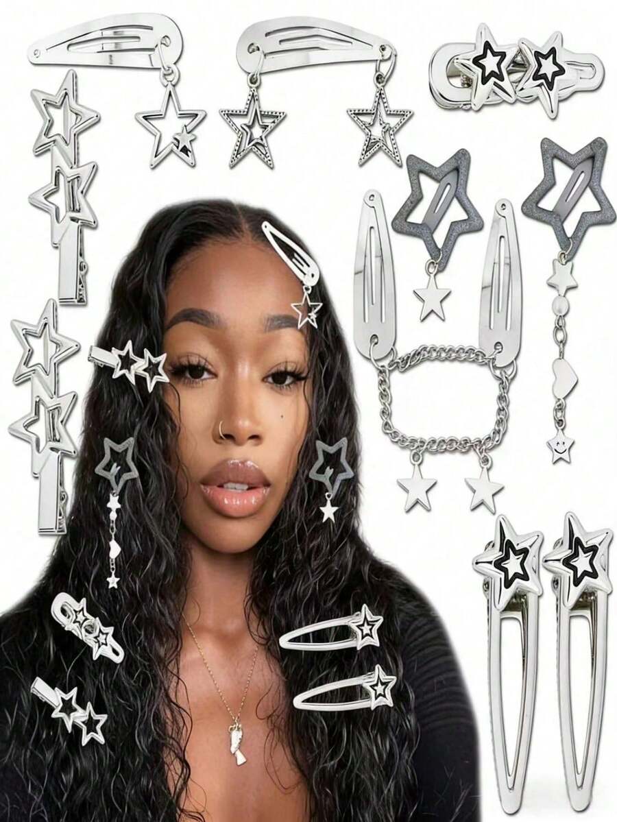 10pcs Gothic Star Clip Set, Metal Star Hair Clips, Y2K Hipster & Sweet Hair Accessories - Silver - View 1