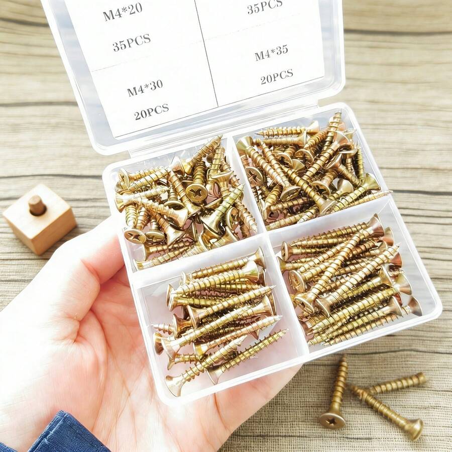 110pcs M4 Flat Head Wood Screw Set - Self-Tapping Wood Screws, Zinc Plated Finish, Full Thread Metal Self-Drilling Screws, Suitable For Furniture, Cabinets, Repairs And DIY - Multicolor - View 1