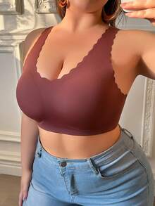 Plus Scallop Trim Wireless Bra - Brown - View 2