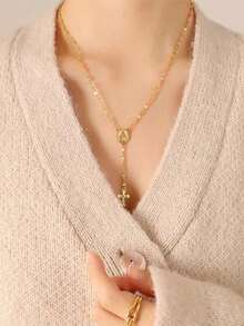 1pc Fashionable Popular Cross Virgin Mary Necklace, Suitable For Daily Wear By Women (Cross Pendant Length Varies) - Gold - View 1