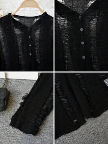 New Y2K Sexy Hollow-Out Knit Cropped Cardigan, Long Sleeve, Waist Cinched, Suitable For Spring/Summer - Black - View 8
