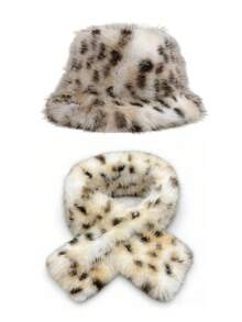 1/2 piezas Conjunto de gorro y bufanda con estampado de leopardo estilo europeo y americano, gorro cubo esponjoso y calentador de cuello aislado de moda - Multicolor - Ver 13