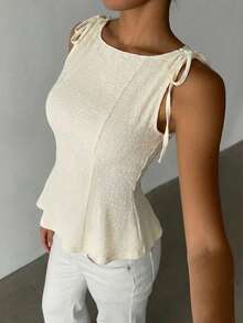 1件纯色荷叶边下摆休闲衬衫，适合度假和日常穿着，夏季 - 杏色 - 查看 4