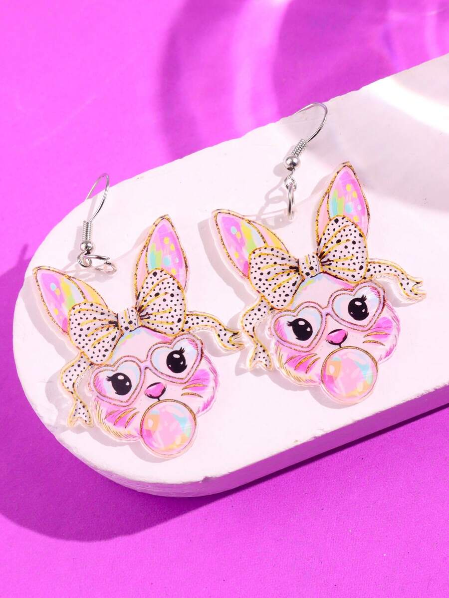 1 Pair Fashionable Y2K Style Colorful Acrylic Rabbit, Leopard Print, Bow Bubble Glasses Earrings, Women's Holiday Gift Jewelry - Multicolor - View 1