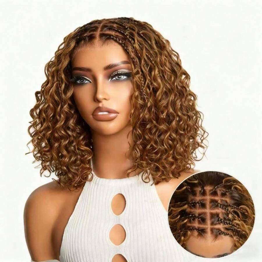 Boho Braided Deep Curly 5x5 Closure Lace With Braided Bob Human Hair Wigs Curly Deep Wave Glueless Pre Cut Plucked Lace Short Wig Ready To Go T2/430 - S4/30 - View 1