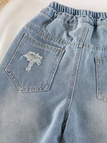 Quần jean denim dáng rộng, in họa tiết rách rưới dành cho bé trai, thích hợp cho mặc thường ngày, đi học, dã ngoại, mùa xuân. - Màu xanh nhạt - Xem 9