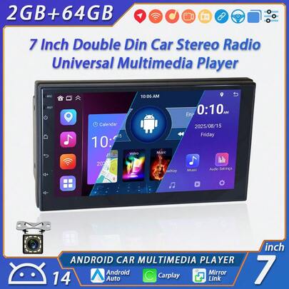 7英寸2DIN 2+64G安卓14车载收音机，支持无线CarPlay和Android Auto，FM收音机，方向盘控制，多语言音频系统主机