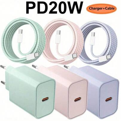 شاحن سريع 20 واط، متوافق مع أجهزة 17/16/15/Pro/Pro Max، شاحن حائطي من النوع C مع كابل شحن سريع من النوع C إلى النوع C، محول USB-C محمول، متوافق مع هواتف Galaxy S25/S24/S23/S22/S21/S20/Ultra/Note 20/10، باللون الوردي