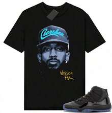 Gamma Blue 11s Black Nipsey Big Face Unisex Streetwear All Seasons Graphic Tees Cotton Crew Neck Oversized Casual T-Shirt For Men Women - 黑色 - 查看 9