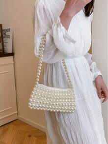 1件珍珠刺绣仿珍珠编织手提包，多功能女士单肩包，适合正式场合或日常通勤 - 白色 - 查看 5