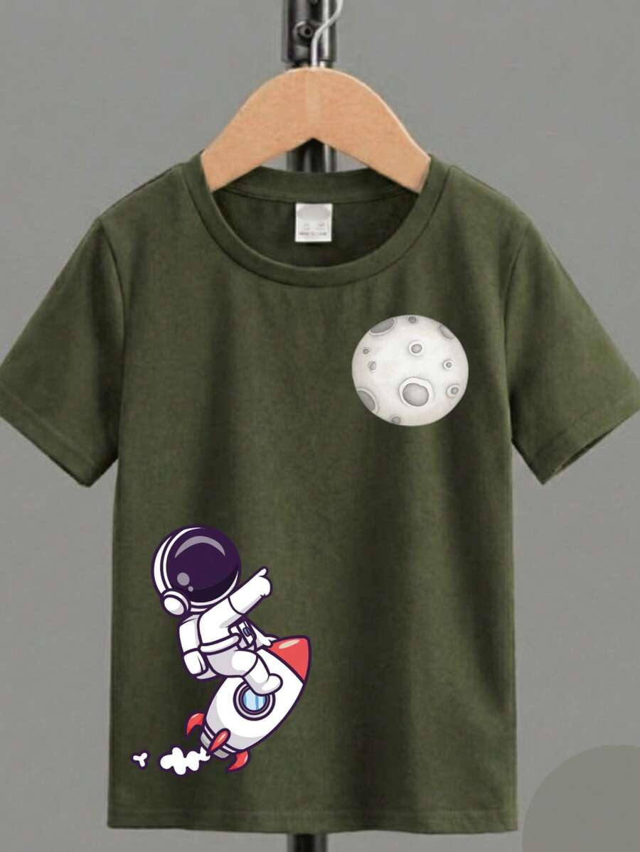 Camiseta Infantil Básica Algodão Estampa Foguete Volta Aulas