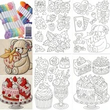 DIY刺绣套装，含线针，可爱小熊甜点图案，自粘水溶性刺绣贴纸，适用于手工缝纫 - A - 查看 11