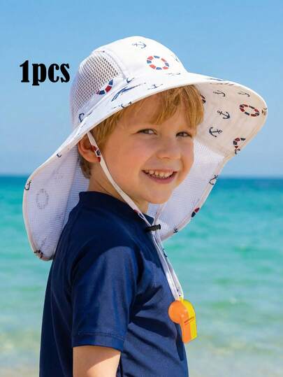 1pc Kids Nautical Anchor & Life Buoy Print Wide Brim Sun Hat With Neck Flap, Breathable Mesh & Windproof Strap
