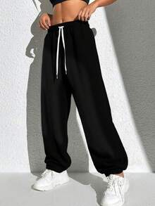 Women's High Waist Drawstring Straight Leg Maxi Pants, Suitable For Daily Wear, Work, Travel And Casual Occasions - Black - View 9