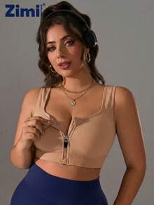 Zimi Collection 1pc Plus Size Women Seamless Wireless Zip-Front Sports Bra, Comfortable Racerback Design For Outdoor Cycling, Running, Yoga - Apricot - View 3