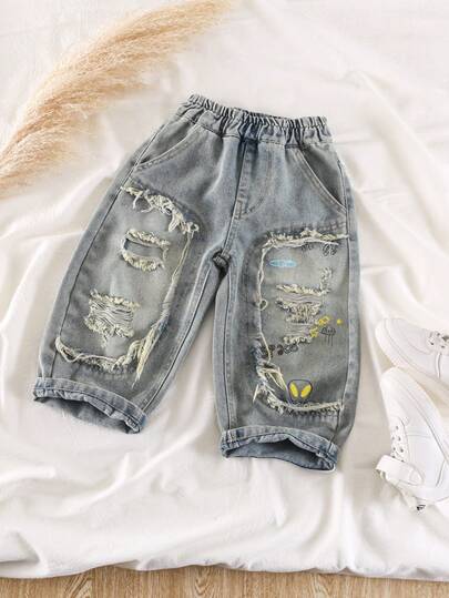 Young Boy's Spring Straight Leg Distressed Pocket Jeans, Suitable For Daily, School, Casual And Outdoor Wear