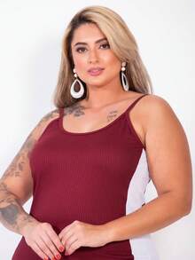 Plus Size Curvy Style Strappy Dress With Thin Straps, Side Slit, Ribbed Fabric, Extra Large, Long, Elastane, For Formal Parties And Maternity Wear. - Burgundy - View 6