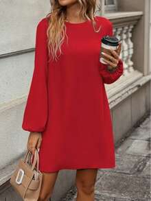 Women's Long-Sleeved Round-Neck Mini Imported Crepe Dress , 30375 - Red - View 1