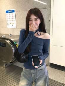 优雅露肩斜领系带设计长袖T恤，百搭 - 藏蓝色 - 查看 1
