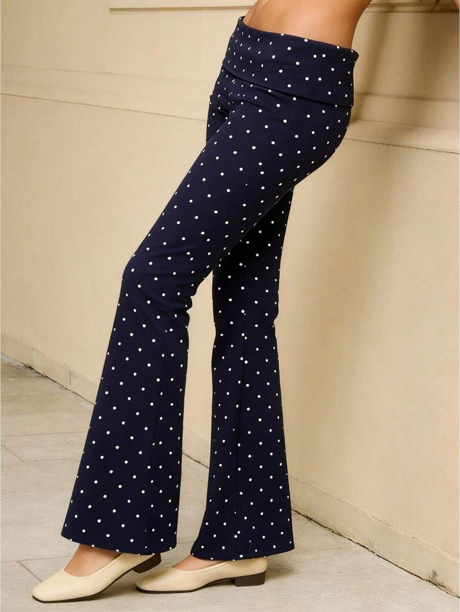 Women's Spring Summer Flared Pants Low Waist Dot Print Loose  Wide Leg Trousers - Deep Blue - View 1