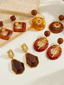 1Pair Temperament Retro Geometric Brown Resin Diamond Hollow Circle Leopard Print Pendant Gold-Plated Small Flower Sun Face Accessory Jewelry Earrings - Hollow Sun - View 5