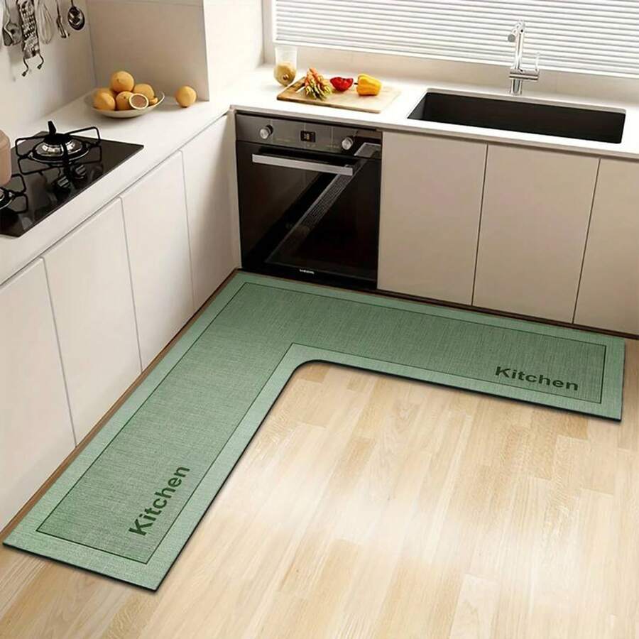 L-Shaped Kitchen Rug - Non-Slip Water Absorbent Velvet Fleece Floor Mat, Machine Washable Memory Foam Corner Carpet, Stain Resistant Kitchen Mat For Cooking Area, Living Room & Laundry Room, Comfort Mat - Màu xanh Bạc hà - Xem 1