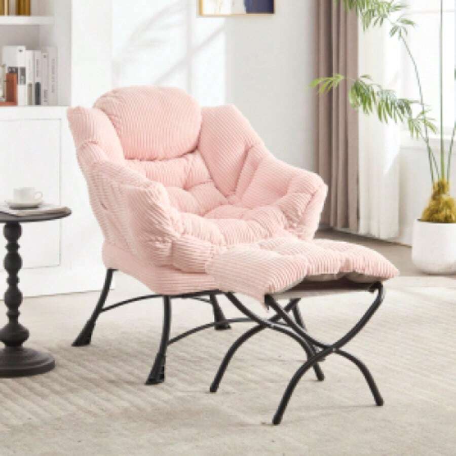 Fauler Stuhl Mit Ottoman, Moderner Lounge Akzent Stuhl Mit Armlehnen Und Einer Seitentasche, Freizeit Polsterte Sofa Stuhl Lesestuhl Mit Fußlehne Für Kleinen Raum, Eckstuhl-Pink - Pink - View 1