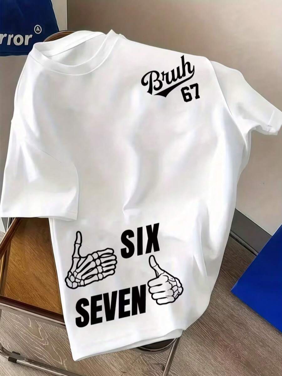 青少年男孩白色#67表情包T恤 - 有趣的67岁小孩设计，短袖，休闲街头风，印有#67图案，舒适休闲，适合青少年全年穿着，趣味十足的青少年男孩服装（可机洗） - 趣味礼物 - 白色 - 查看 1