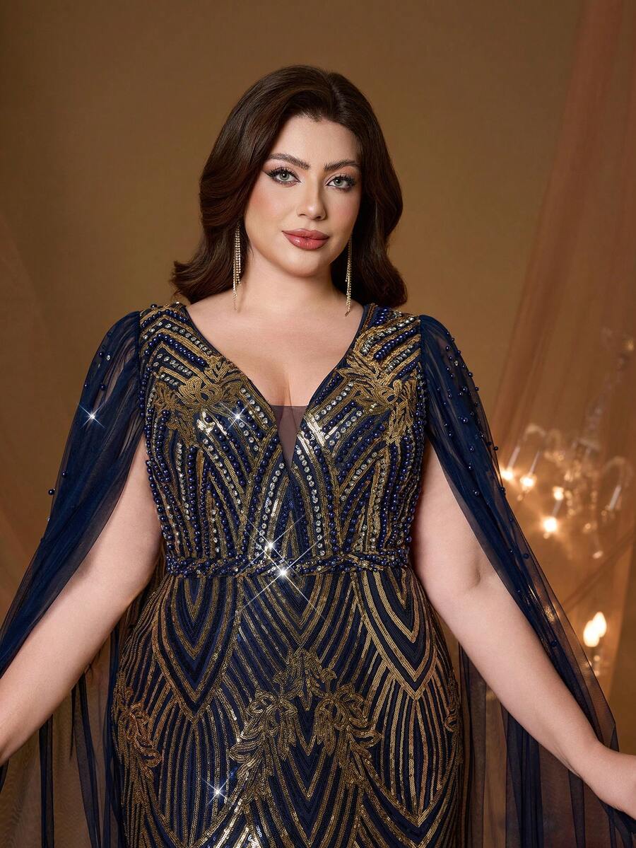 Mgiacy Plus Size Navy Blue Sequin Cape Sleeve V-Neck Mermaid Dress, Elegant Women Summer Wedding, Gala, Party, Vacation And Holiday Outfit - Royal Blue - View 1