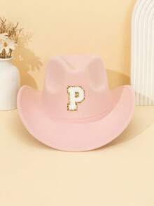 1pc Unisex Children's Letter Decor Pink Felt Brimmed Hat, 26 Letters Available, American Western Cowboy Style, Outdoor Casual Sun Hat For All Seasons, Suitable For Daily Wear, Parties, Outdoor Activities, Children's Gift - Pink - View 40