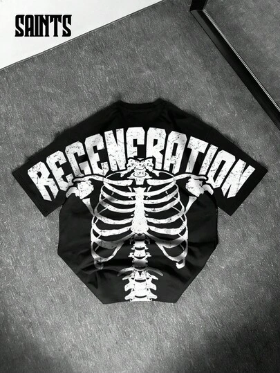 Men's Black T-Shirt With SOUL Text, Dark Skeleton Print, Suitable For Urban Gothic Streetwear For Both Men And Women