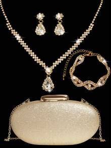 镶钻首饰闪亮项链耳环手链套装，搭配金色闪亮优雅信封包，浪漫婚礼，春夏链条单肩包，新娘包，正式舞会手拿包，优雅晚礼服包，完美适用于派对、婚礼、舞会、晚宴/宴会，可搭配节日派对礼服和晚礼服。 - 金色 - 查看 12