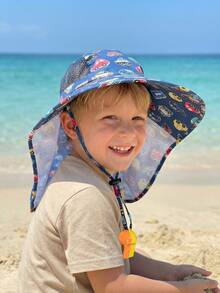 1pc Kids Car All-Over Print Wide Brim Sun Hat With Neck Flap, Breathable Mesh & Windproof Strap With Whistle - 1PC - View 3