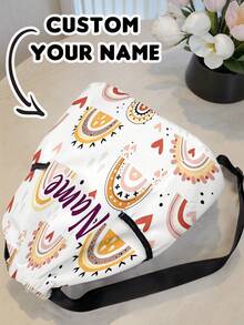 1pc Customized Name Cartoon Ramadan Crescent Moon & Rainbow Pattern Drawstring Backpack, Sports Bag With Pockets, Customizable Based On Your Unique Design, Back To School Gift, Perfect For Kids, Print Your Own Name Or Sister's And Classmate's Name As A Gift - Multicolor - View 7