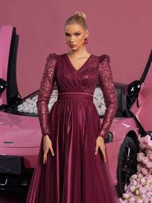 Faeriesty 优雅V领公主风长袖礼服——适合正式晚宴、婚礼宾客着装、新娘写真、红毯活动、奢华盛会及春季派对等场合。 - 酒紅色 - 查看 4