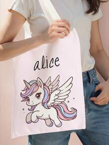 1pc Kids Customizable Name/Text Cartoon Pony Print Casual Tote Bag Shoulder Bag Shopping Bag, Reusable Fashion Backpack Multi-Function Shoulder Bag Shopping Bag - Multicolor - View 8