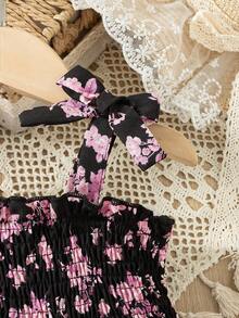 Baby Girl Floral Print Spaghetti Strap Bow Ruffle Hem Fashion Party Dress - Pink - View 6
