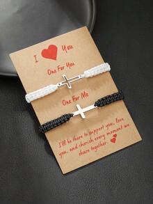 2pcs/Set Solid & Hollow Match Stainless Steel Cross Adjustable Braided Bracelet Set, Suitable For Friends, Family, Couples, Daily Wear - Cross-woven Bracelet Set - View 1