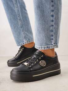Wedge Sneakers Made Of Natural Leather With Decorations - Black - View 2