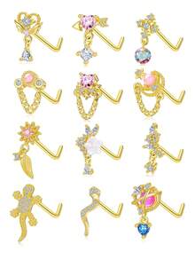 12 piezas Anillos de nariz en forma de L, con diseños de serpiente, mariposa, flor, luna y colgantes con circonita cúbica, para mujeres y hombres, en tonos plateado y dorado, 20G - Dorado - Ver 1