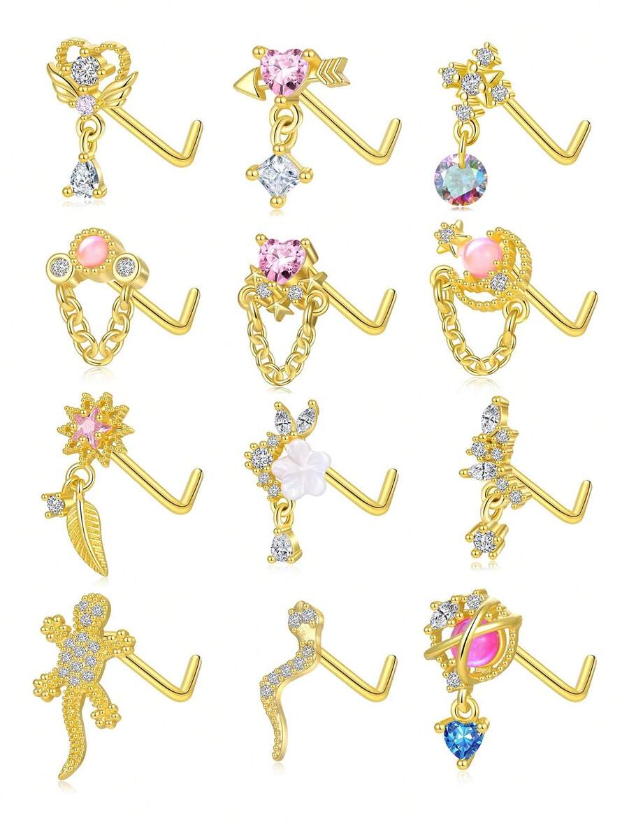 12 piezas Anillos de nariz en forma de L, con diseños de serpiente, mariposa, flor, luna y colgantes con circonita cúbica, para mujeres y hombres, en tonos plateado y dorado, 20G - Dorado - Ver 1