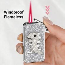 Cute Innovative Lighter, Dual Flame Windproof Lighter, Metal Embossed Rhinestone Butane Torch Lighter, Refillable Adjustable Flame - 白色恐龍(不含氣體) - 查看 6