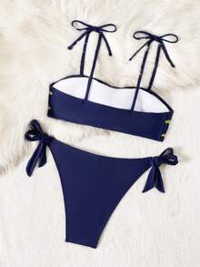 Bộ bikini hai mảnh gợi cảm tối giản dành cho nữ mùa hè, kiểu dáng dây mảnh, thích hợp cho đi biển, nghỉ dưỡng, thanh lịch, chất liệu co giãn cao, dây buộc vai và quần bơi buộc bên hông. - Màu xanh hải quân - Xem 6