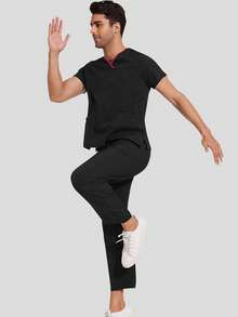 Men's V-Neck Nurse Uniform Top And Pants, Elastic Waist, 8 Pockets - Black - View 3