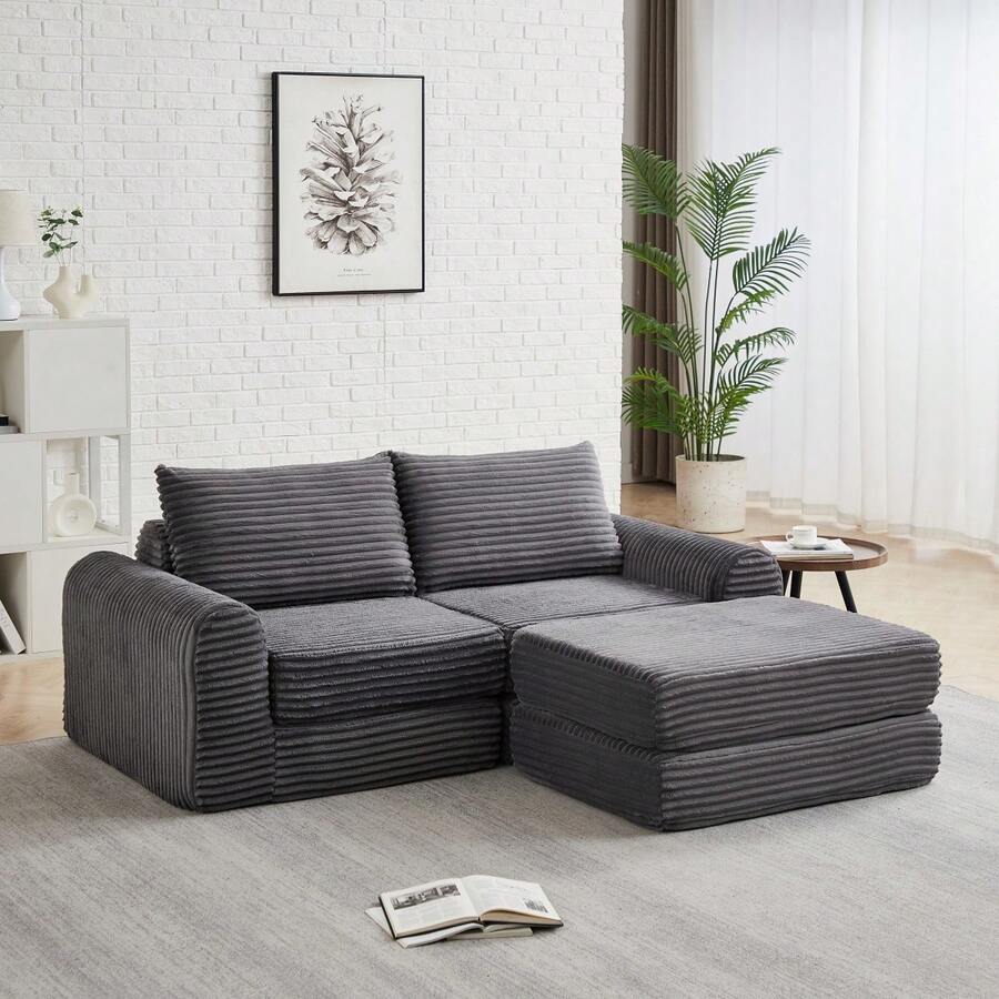 Sofa Bed Set - Grey + Corduroy + 2 Seat - View 1