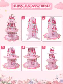 一套粉色公主城堡生日派对蛋糕架，粉色纸质纸杯蛋糕和甜点展示架，纸质蛋糕托盘，适用于蛋糕装饰、熊主题性别揭晓派对桌面装饰、婴儿派对桌面装饰、房间装饰、熊主题生日派对装饰、派对礼品、粉色女宝宝派对用品、节日故事装饰、厨房装饰 - 粉紅色城堡 - 查看 10