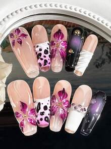 Bộ móng nghệ thuật hoa 3D thủ công, kiểu móng Pháp tinh tế, bộ móng nghệ thuật hoa 3D, miếng dán móng hình quan tài dài dành cho phụ nữ và bé gái, móng giả dán thủ công. - Màu đỏ tím - Xem 3