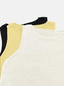 Set de 3 piezas de chaleco de punto sin mangas de unicolor, semi-transparente, de moda, cómodo, para primavera/verano - Blanco + Amarillo + Negro - Ver 4