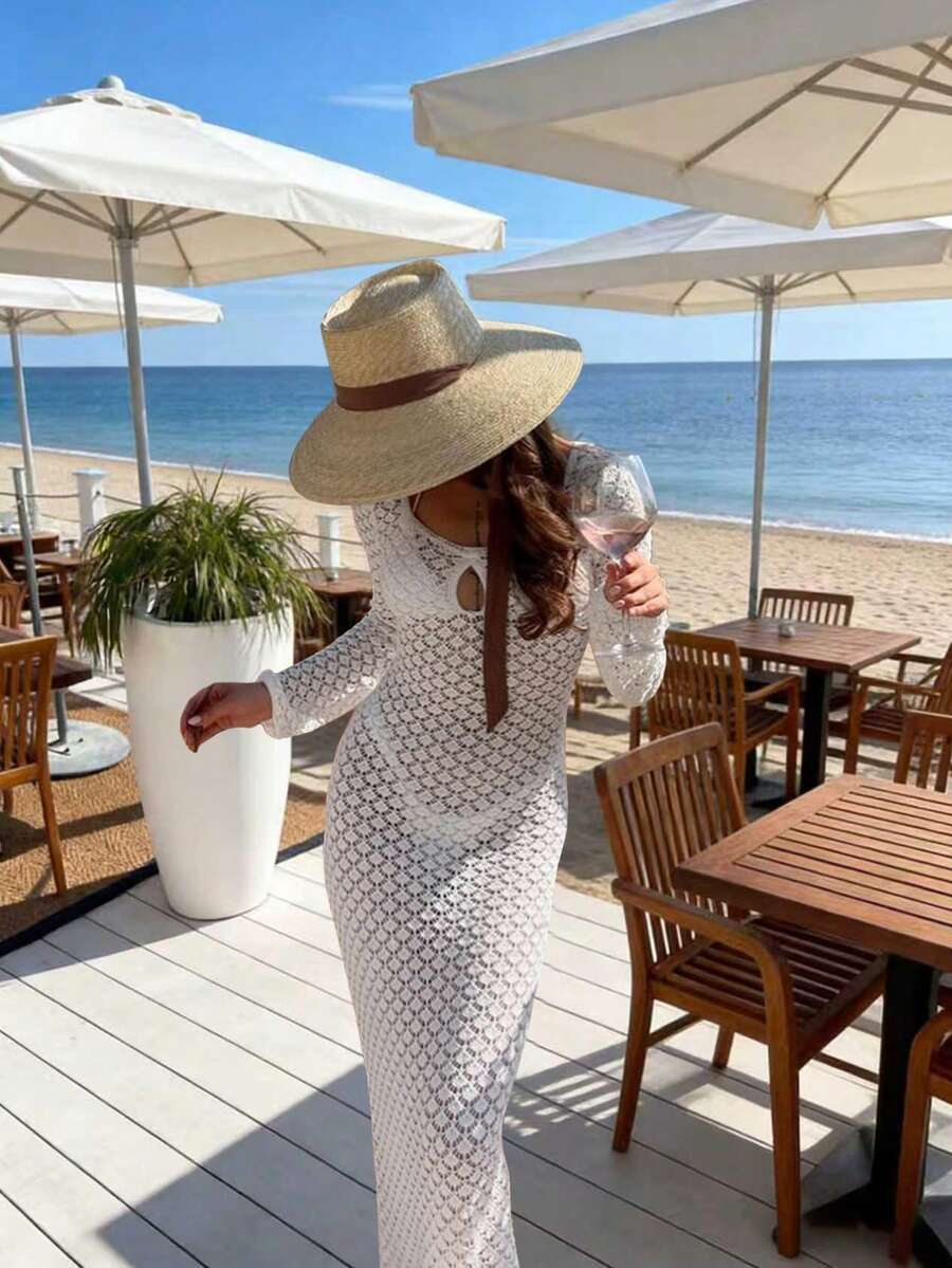 女士新款圆领长袖罗纹袖口半透明修身套头衫，时尚休闲度假沙滩派对针织毛衣裙，春夏款 - 白色 - 查看 1